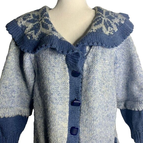 Vintage 80s Cardigan Sweater Jacket M Blue Chunky Knit Buttons Pockets Collared - Picture 2 of 5